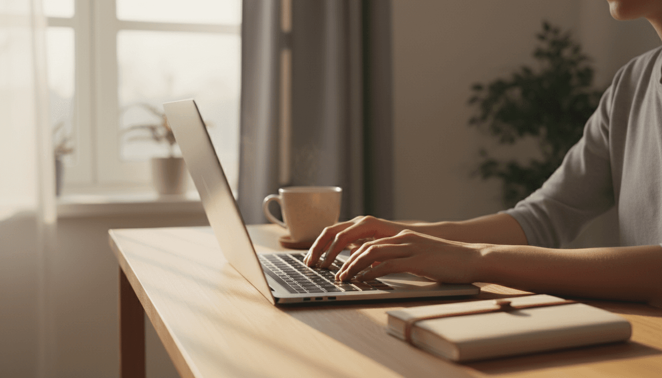 Person working at a desk with natural light, typing on a laptop in a calm home office setting