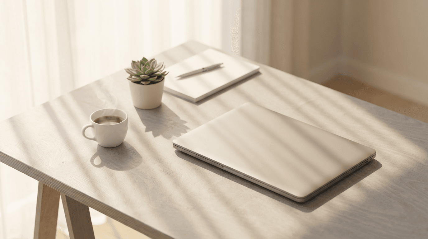 Person working remotely at a bright, comfortable home workspace with natural daylight